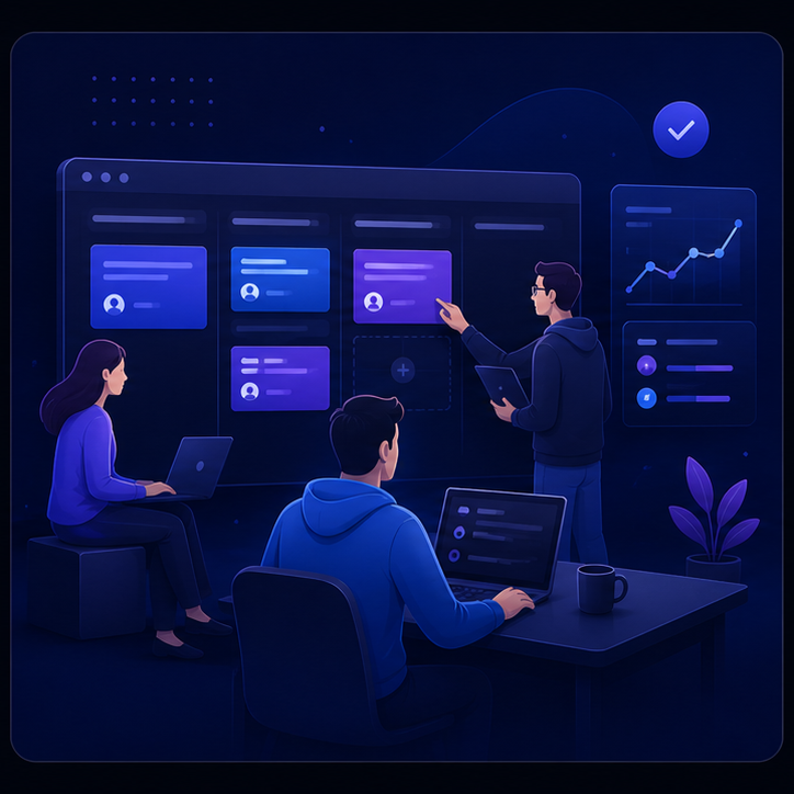 Modern Gravitask careers illustration with focused teammates building workflow software