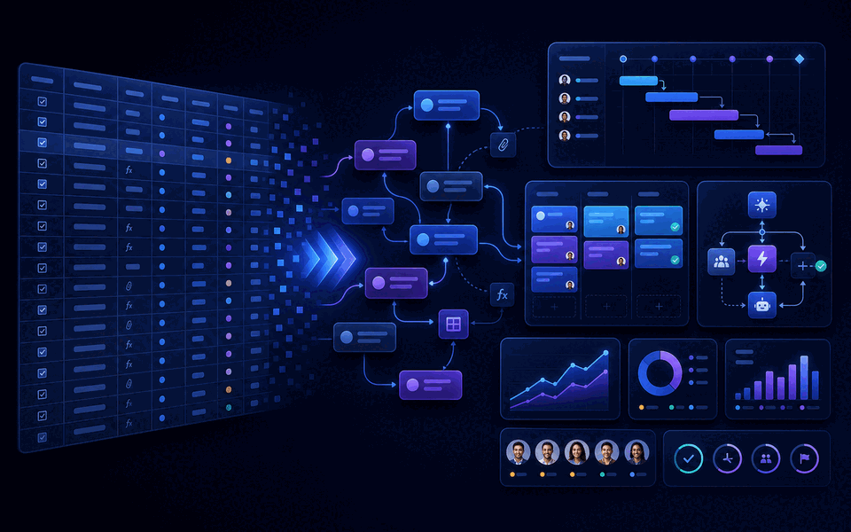 Abstract Gravitask comparison workflow for Smartsheet alternative